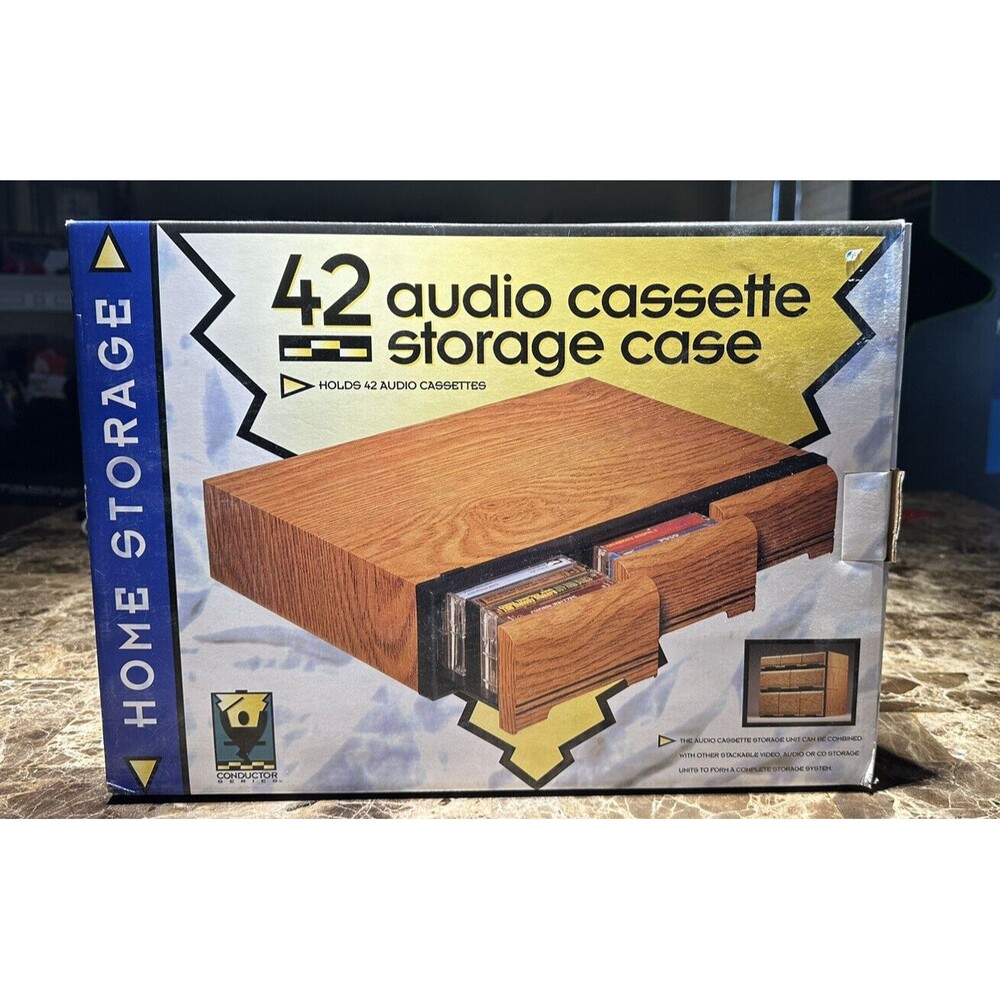 Brand New 42 Cassette Tape Holder Case Vintage Wood-Grain 3 Drawer Storage Retro